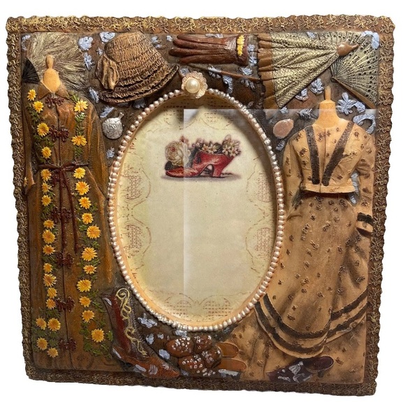 Vintage 90s Victorian outfit theme Resin Picture Frame 3D dress hat fan decor - Picture 1 of 16